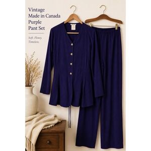 Vintage Made in Canada Purple Rayon Pant Set Tunic Jacket Wide Leg Pants Size 7
